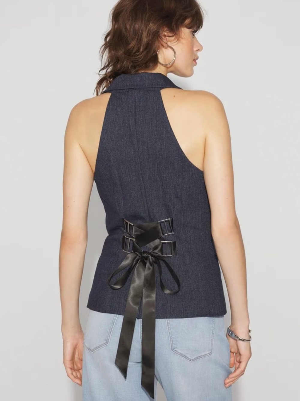 NWT White House Black Market Navy Halter Top with Black Ribbon Back